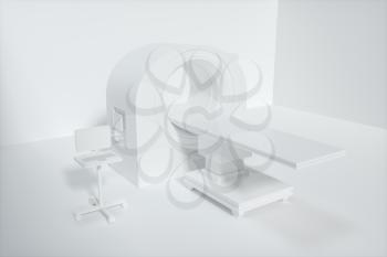 The medical equipment CT machine in the white empty room, 3d rendering. Computer digital drawing.