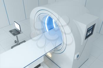 The medical equipment CT machine in the white empty room, 3d rendering. Computer digital drawing.