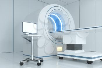 The medical equipment CT machine in the white empty room, 3d rendering. Computer digital drawing.