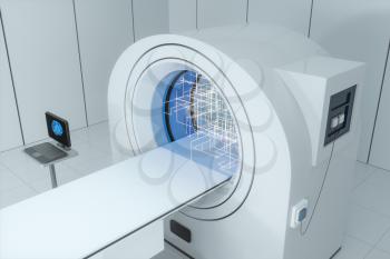 The medical equipment CT machine in the white empty room, 3d rendering. Computer digital drawing.