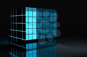 Neon and glass squares with dark background,3d rendering. Computer digital drawing.