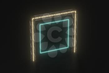 Steel frame and luminous cubes, 3d rendering. Computer digital drawing.