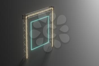 Steel frame and luminous cubes, 3d rendering. Computer digital drawing.