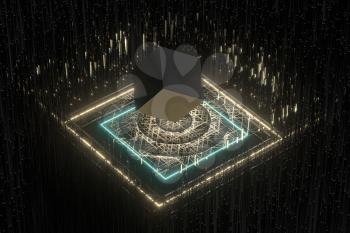 The cube floats above the glowing cubes, 3d rendering. Computer digital drawing.