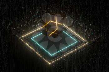 The cube floats above the glowing cubes, 3d rendering. Computer digital drawing.