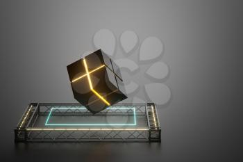 The cube floats above the glowing cubes, 3d rendering. Computer digital drawing.