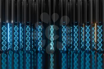 Test tube and chromosomes, DNA and genes,3d rendering. Computer digital drawing.