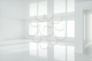 The white empty room with sunlight coming from the window, 3d rendering. Computer digital drawing.