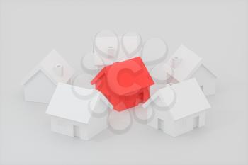 A small red house model surrounded by the white houses, 3d rendering. Computer digital drawing.