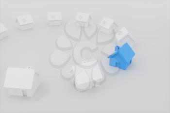 A small blue house model beside the white houses, 3d rendering. Computer digital drawing.