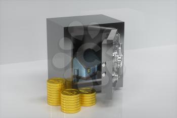 The small house model beside the golden coins, 3d rendering. Computer digital drawing.