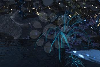 Living metallic plants with dark background,abstract conception,3d rendering. Computer digital drawing.