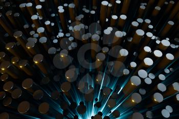 Polished cylinders with dark background,3d rendering. Computer digital drawing.
