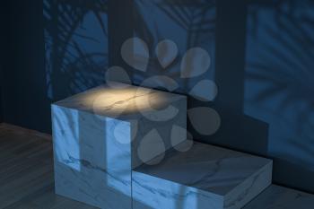 Empty room and marble still life,wooden floor and ceiling lamp,3d rendering. Computer digital drawing.