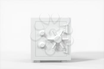 Mechanical safe, white box model with white background, 3d rendering. Computer digital drawing.