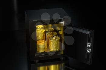 Mechanical safe, with shiny golden coins inside, 3d rendering. Computer digital drawing.