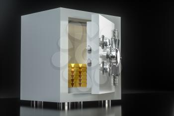 Mechanical safe, with gold bar inside, 3d rendering. Computer digital drawing.