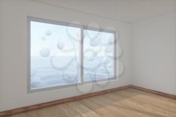 Spheres floating on the sea,empty room,abstract conception,3d rendering. Computer digital drawing.