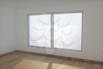 The empty room with wooden floor. Out of the window is the sea. 3d rendering. Computer digital drawing.