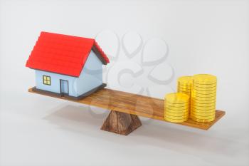 Balance of money and house,abstract conception, 3d rendering. Computer digital drawing.