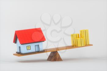 Balance of money and house,abstract conception, 3d rendering. Computer digital drawing.