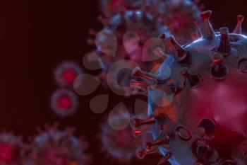 Dispersed corona viruses with dark background, 3d rendering. Computer digital drawing.