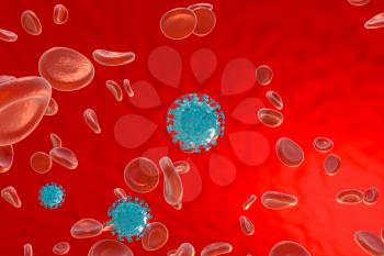 Dispersed corona viruses with blood background, 3d rendering. Computer digital drawing.