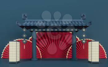 Empty marketing stage, Chinese style, 3d rendering. Translation: blessing. Computer digital drawing.