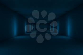 Blue dark tunnel with lights aside, 3d rendering. Computer digital drawing.