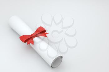 Diploma, paper scroll with red ribbon isolated on white background, 3d rendering. Computer digital drawing.