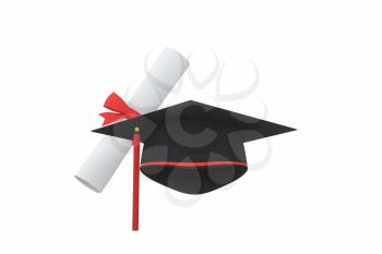 Graduate hat with diploma aside on white background, 3d rendering. Computer digital drawing.