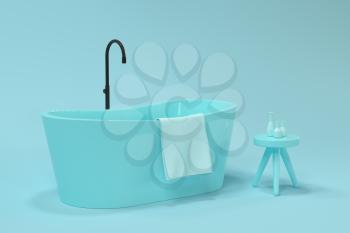 Cartoon bathtub with blue background, 3d rendering. Computer digital drawing.