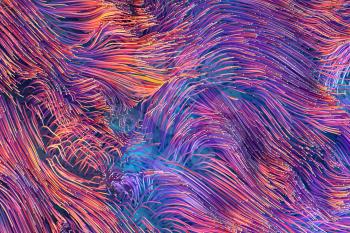 Growing wavy particles, abstract color background, 3d rendering. Computer digital drawing.