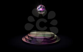 Empty metal product platform with a disco ball on the top, 3d rendering. Computer digital drawing.