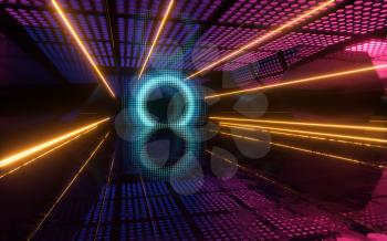 Futuristic room with glowing neon lights, 3d rendering. Computer digital drawing.
