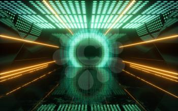 Futuristic room with glowing neon lights, 3d rendering. Computer digital drawing.