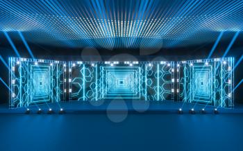 Exposition stage with blank billboard, 3d rendering. Computer digital drawing.