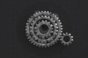 Meshing mechanical gears, metallic parts, 3d rendering. Computer digital drawing.