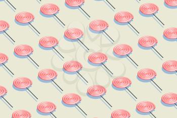 Candy pattern, pink lollipop with pale yellow background, raster illustration. Computer digital drawing.