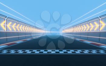 View of the infinity empty asphalt international race track, 3d rendering. Computer digital drawing.