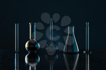 Chemistry glassware with dark background, 3d rendering. Computer digital drawing.