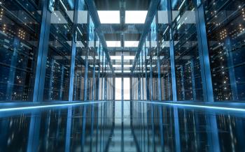 Server racks in computer network security server room data center, 3d rendering. Computer digital drawing.