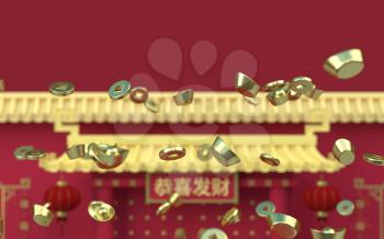 Chinese gold ingot and coins with palace background, 3d rendering. Translation: make a fortune. Computer digital drawing.