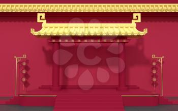 Chinese palace walls, red walls and golden tiles, 3d rendering. Translation: blessing. Computer digital drawing.