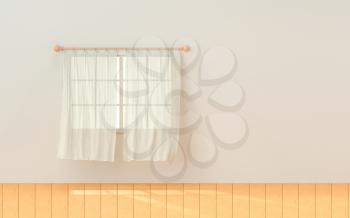 Empty room with blowing curtain, interior background, 3d rendering. Computer digital drawing.