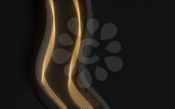 Glowing golden neon lines with background, 3d rendering. Computer digital drawing.