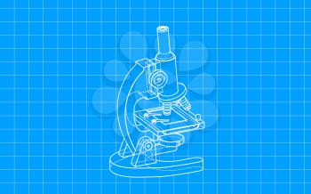 Hand-drawn microscope with blueprint style, raster illustration. Computer digital drawing.