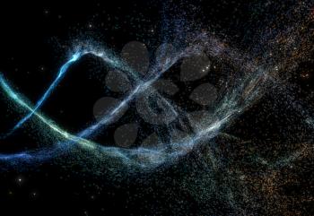Glowing particles with wavy pattern, magical galaxy, 3d rendering. Computer digital drawing.