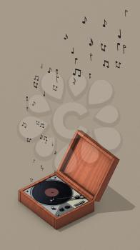 Retro style vinyl record player, music album, raster illustration. Computer digital drawing.