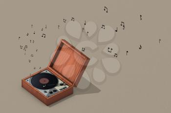 Retro style vinyl record player, music album, raster illustration. Computer digital drawing.